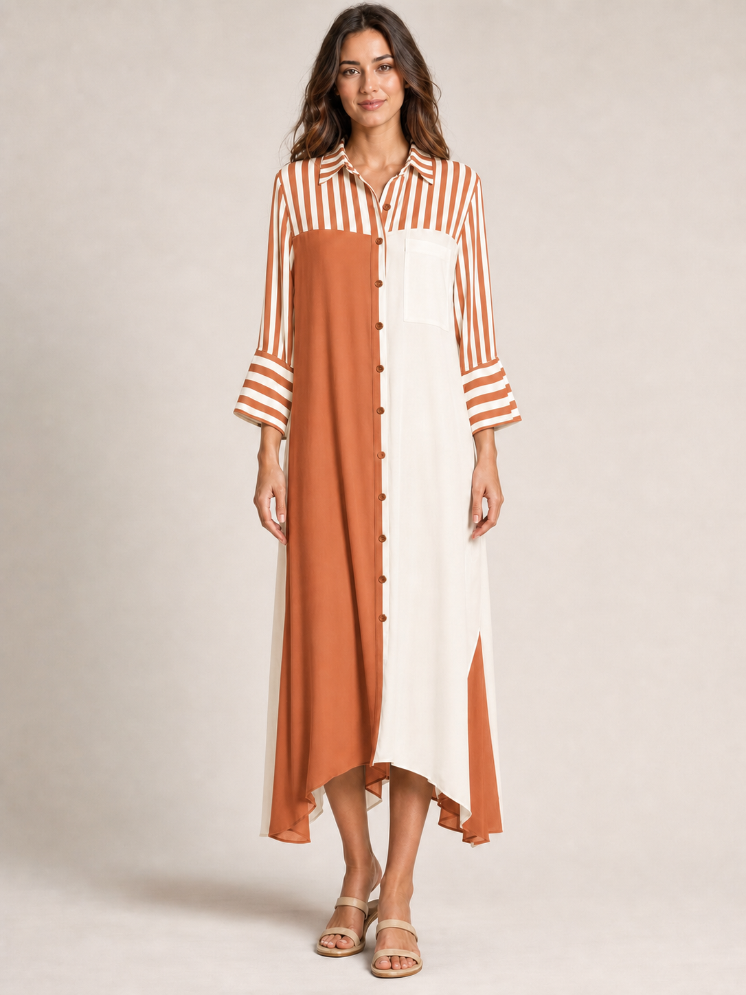 Terracotta cream colorblock striped shirt dress
