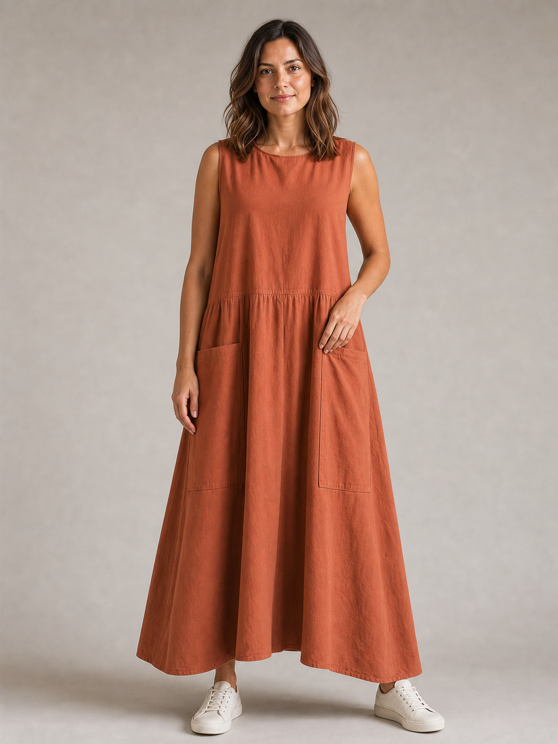 Women's terracotta sleeveless utility pocket maxi dress