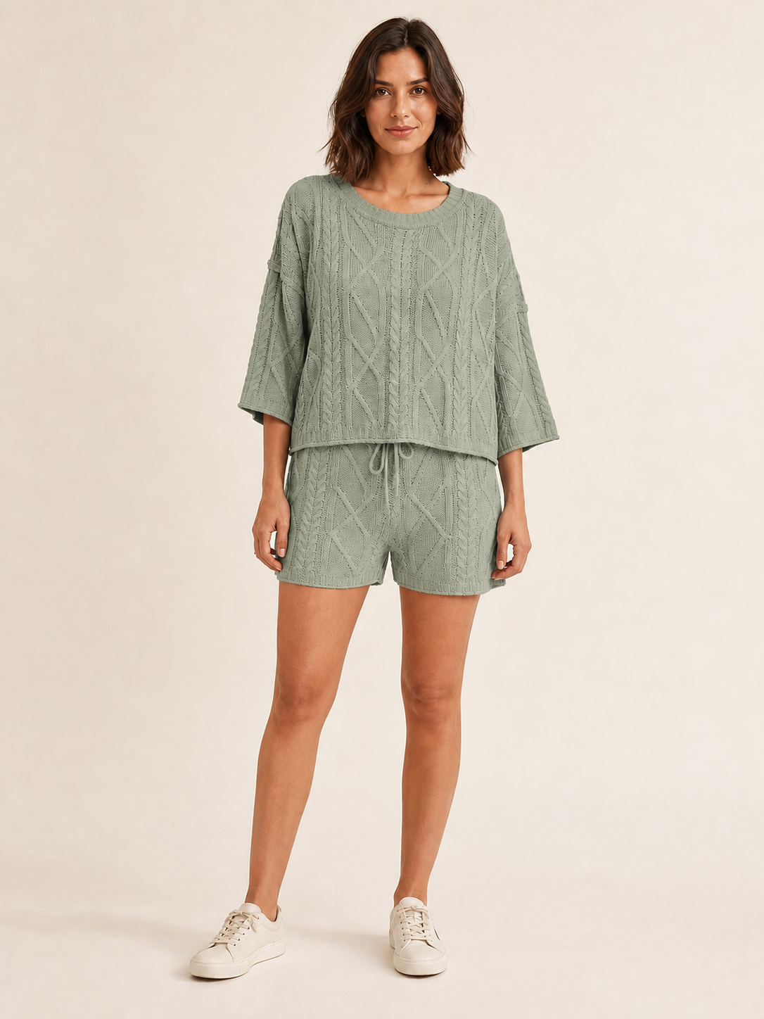 Women's sage green openwork cable-knit top and shorts set