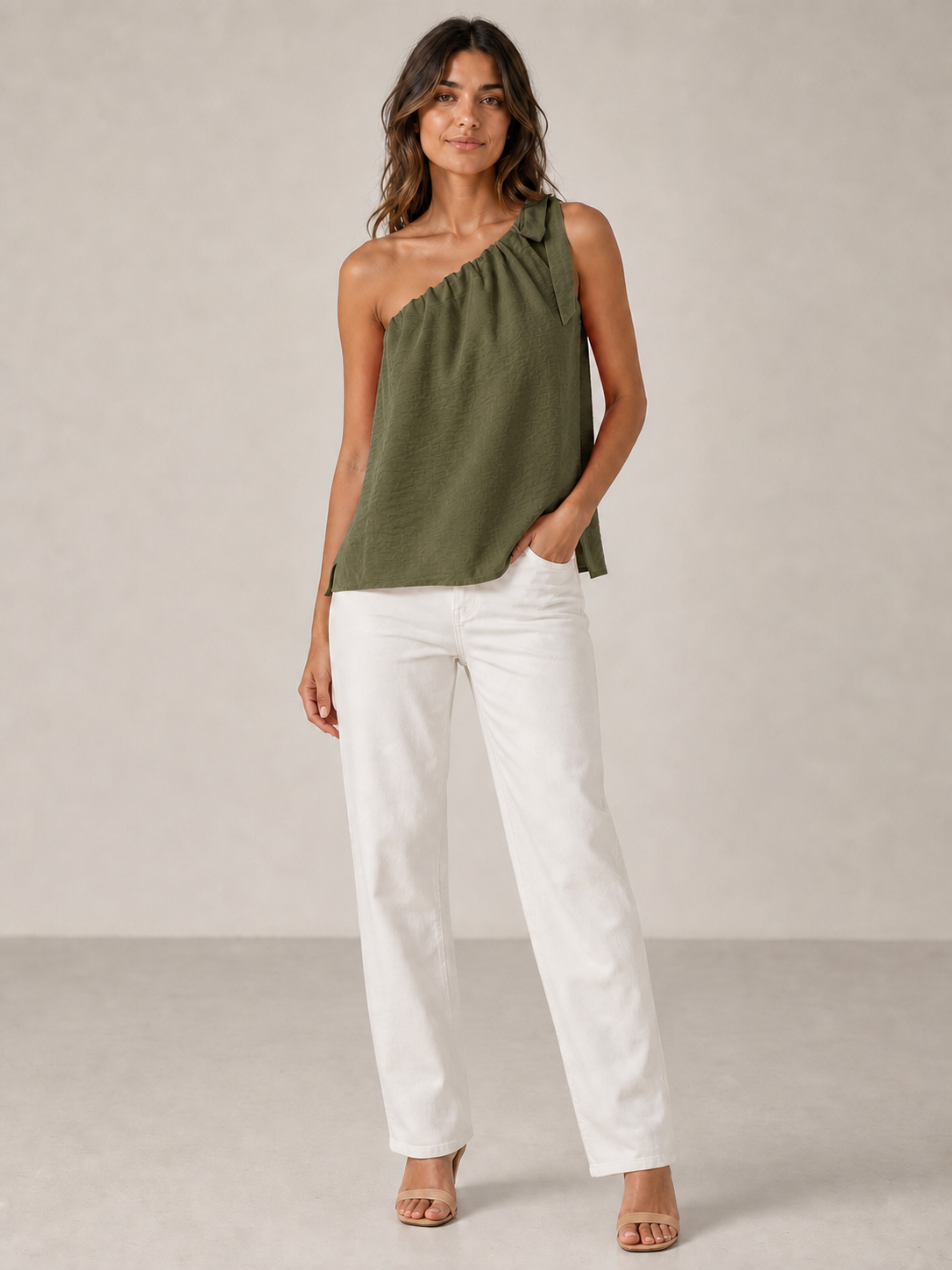 Women's olive green one-shoulder tie loose top