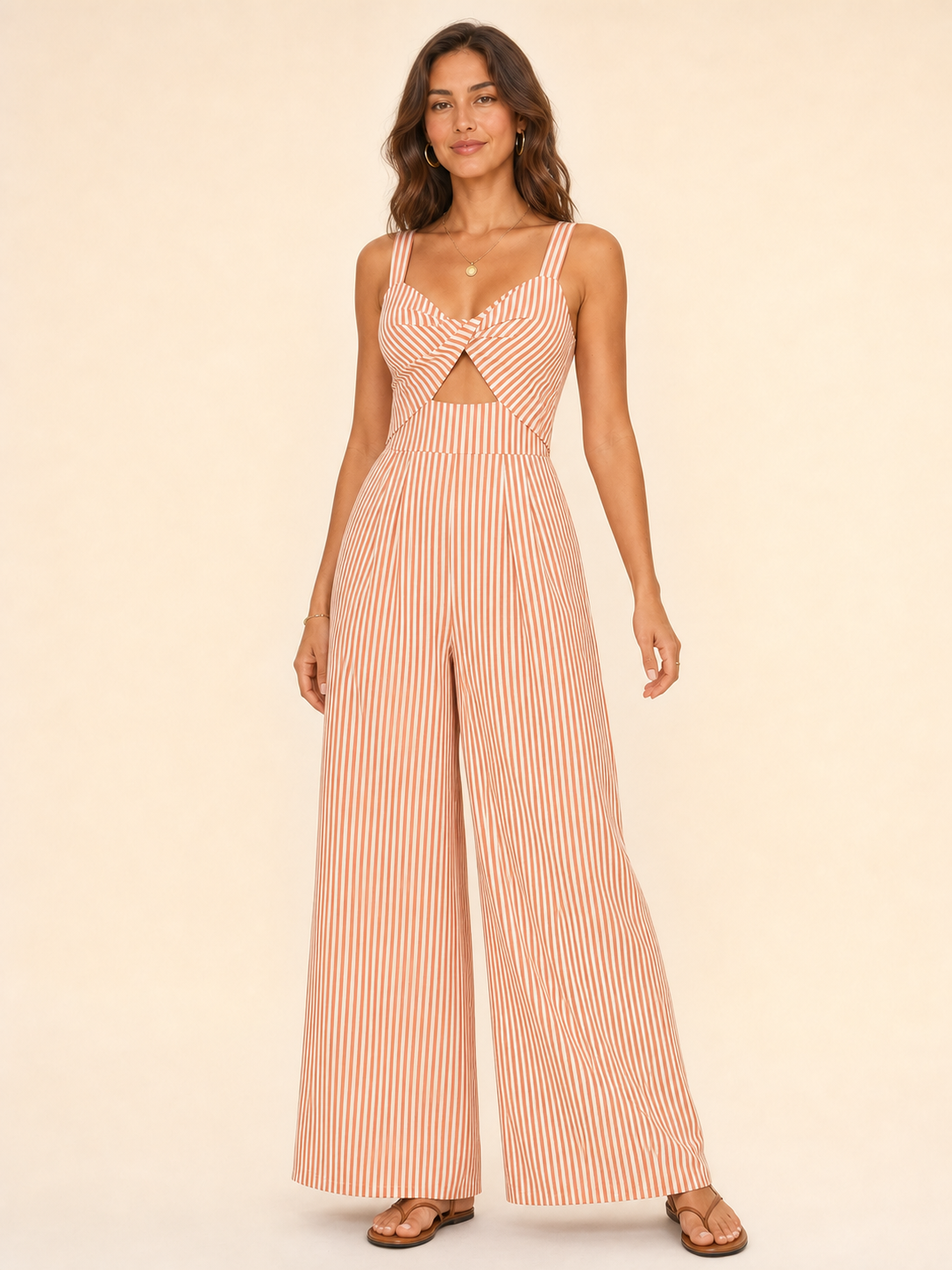Women's rust and cream striped wide-leg jumpsuit