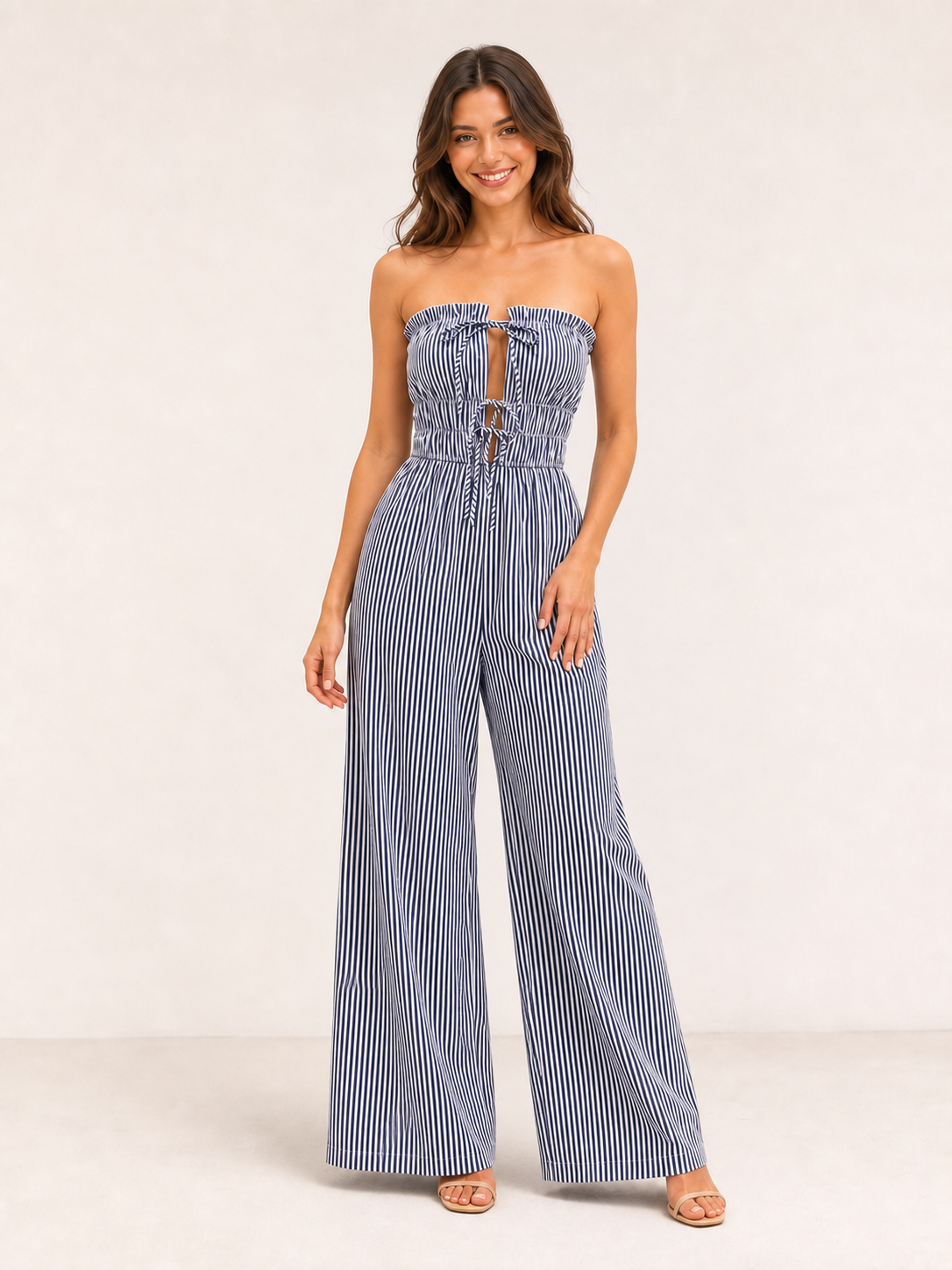 Women's navy and white striped strapless wide-leg jumpsuit