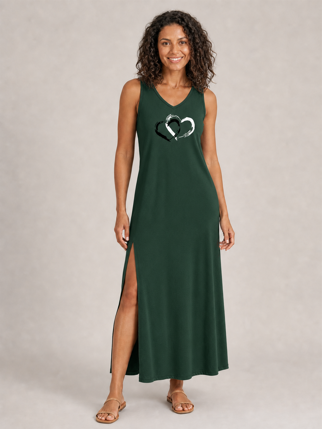 Women's forest green double-heart sleeveless maxi dress