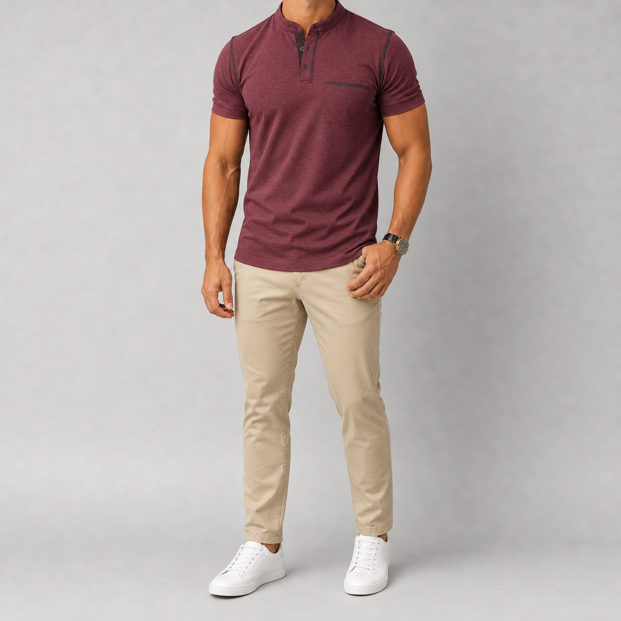 Men's burgundy short sleeve Henley shirt