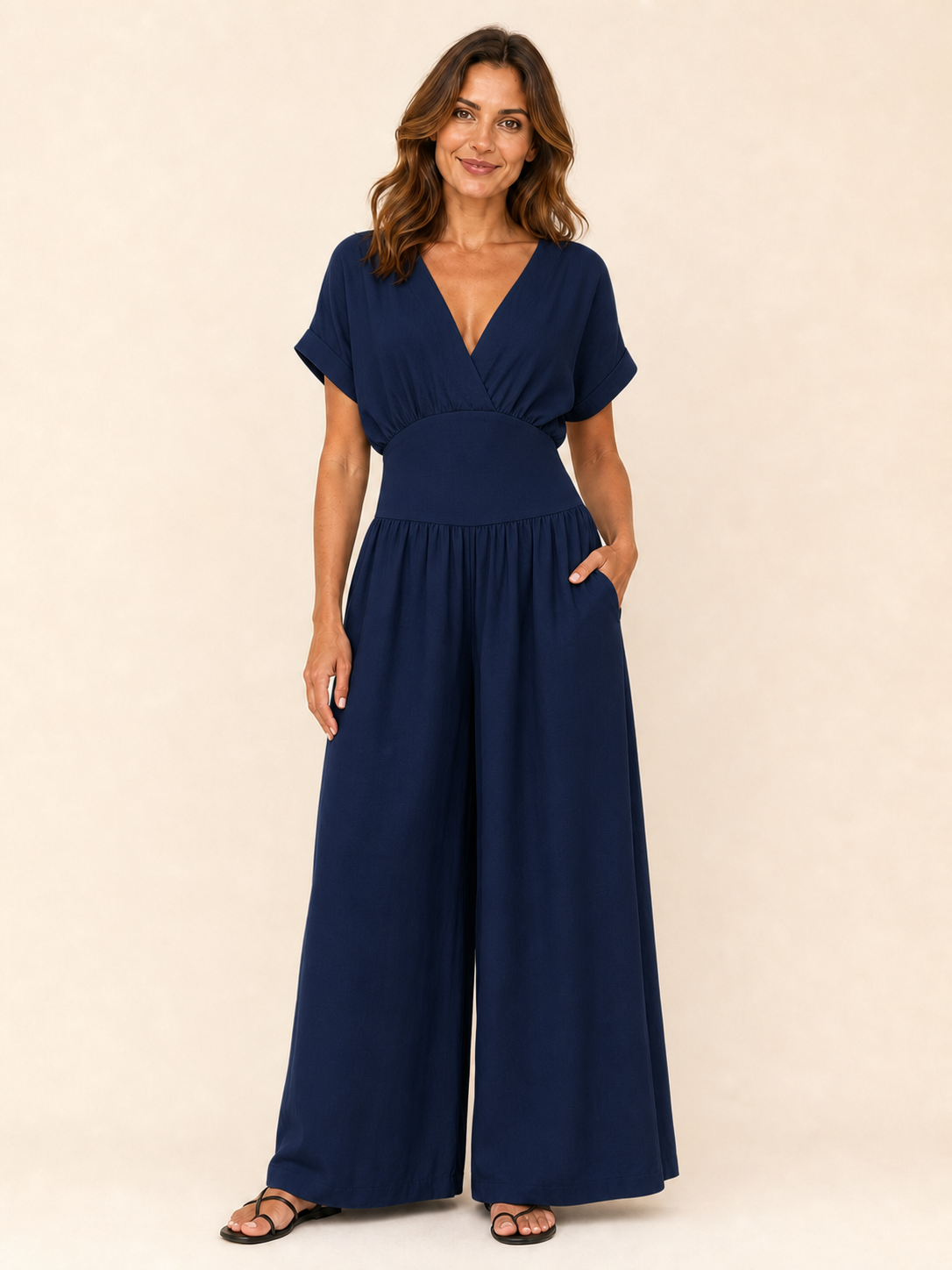 Women's navy surplice wide-leg jumpsuit