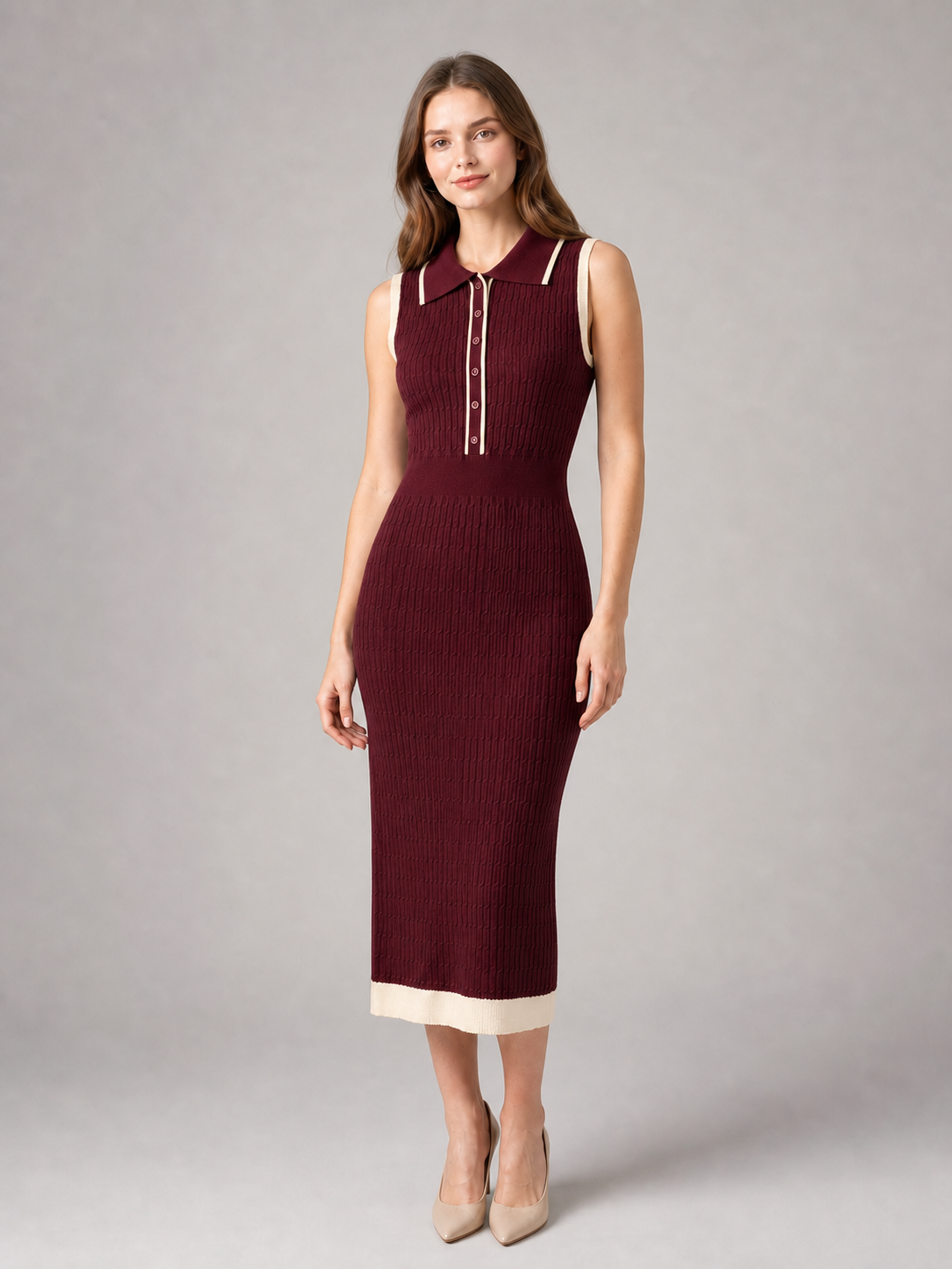 Women's burgundy and cream sleeveless knit polo midi dress