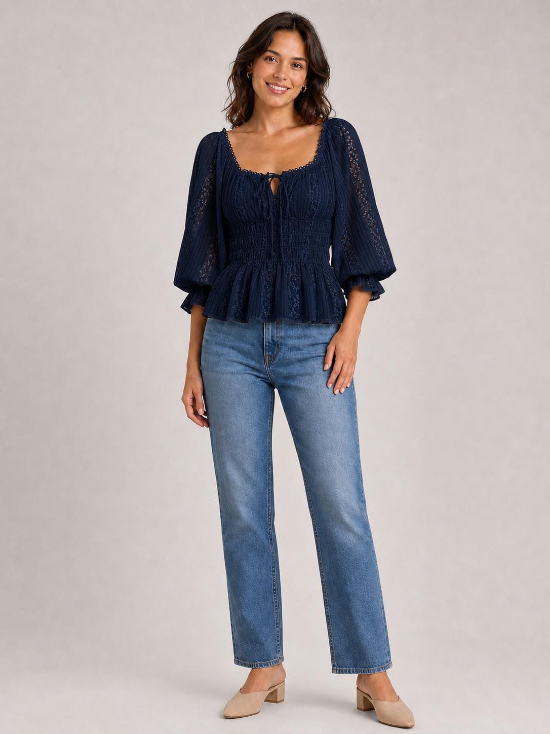 Women's deep navy square-neck smocked-waist lace blouse