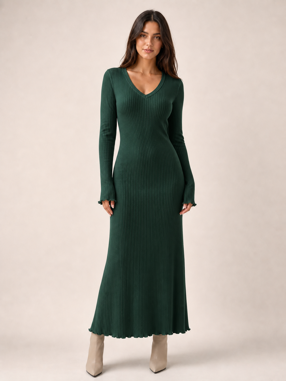 Women's forest green ribbed V-neck fitted maxi dress