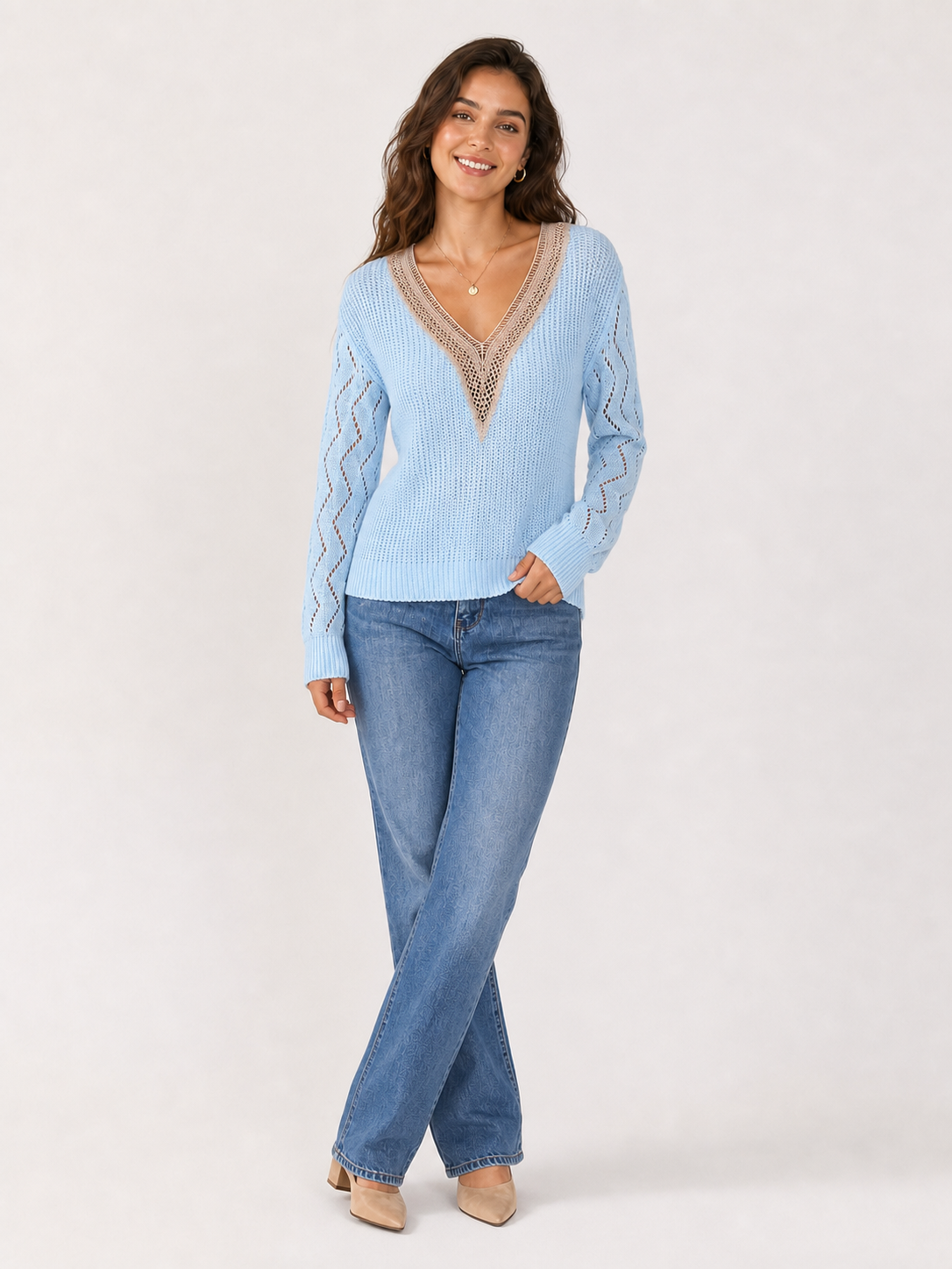 Women's openwork crochet V-neck knit top in sky blue