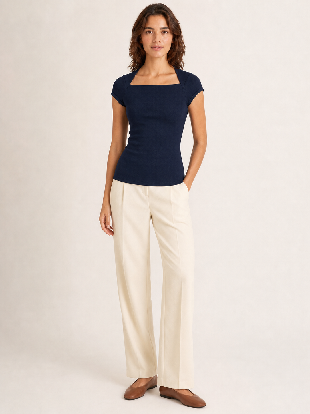Women's navy square-neck fitted top