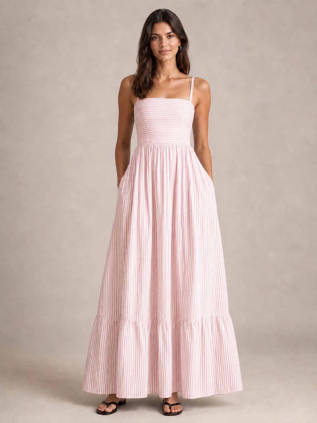 Women's blush-white striped tiered maxi dress