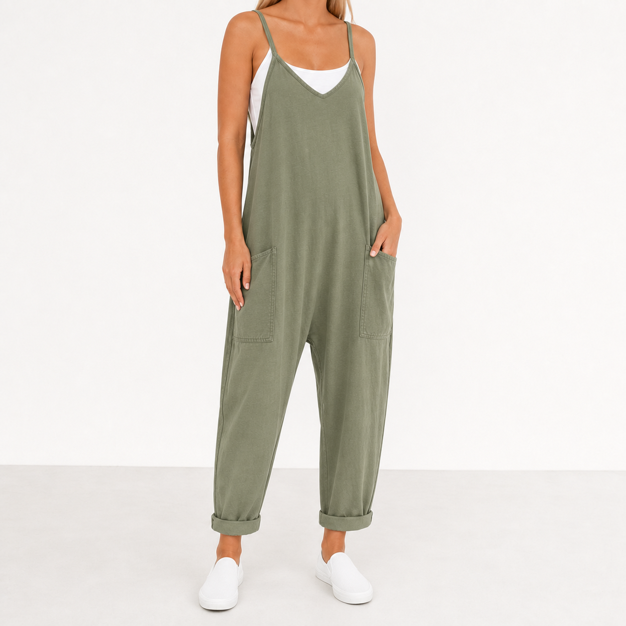 Women's sage olive relaxed pocket jumpsuit