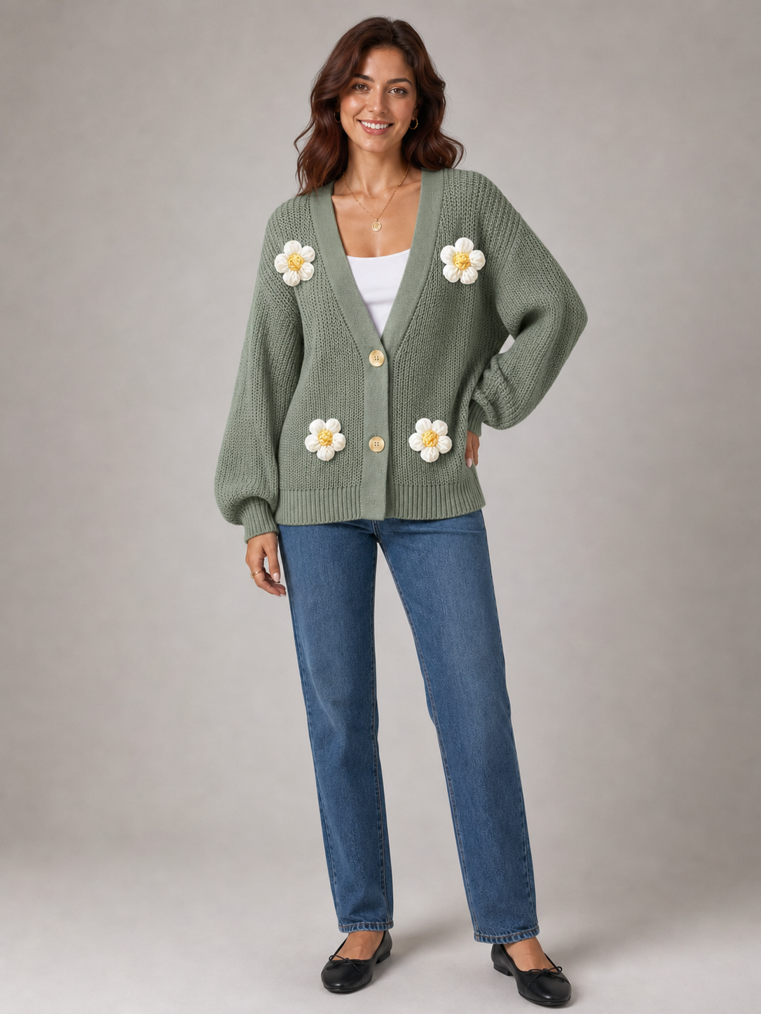 Women's daisy cardigan in sage green