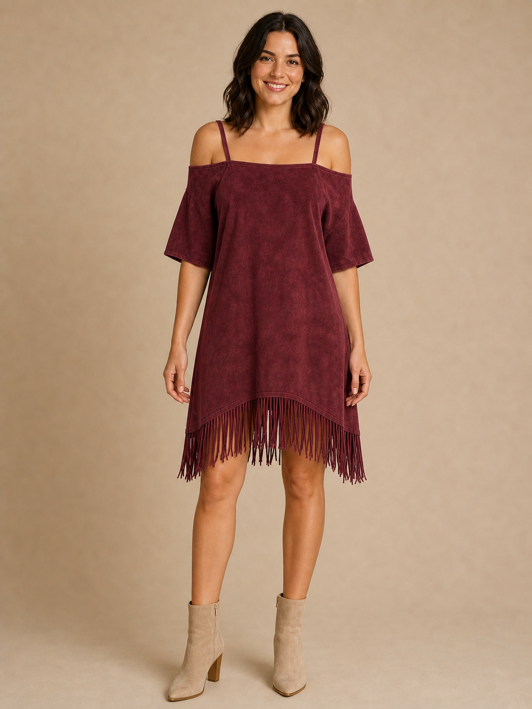 Women's burgundy washed cold shoulder fringe shift mini dress