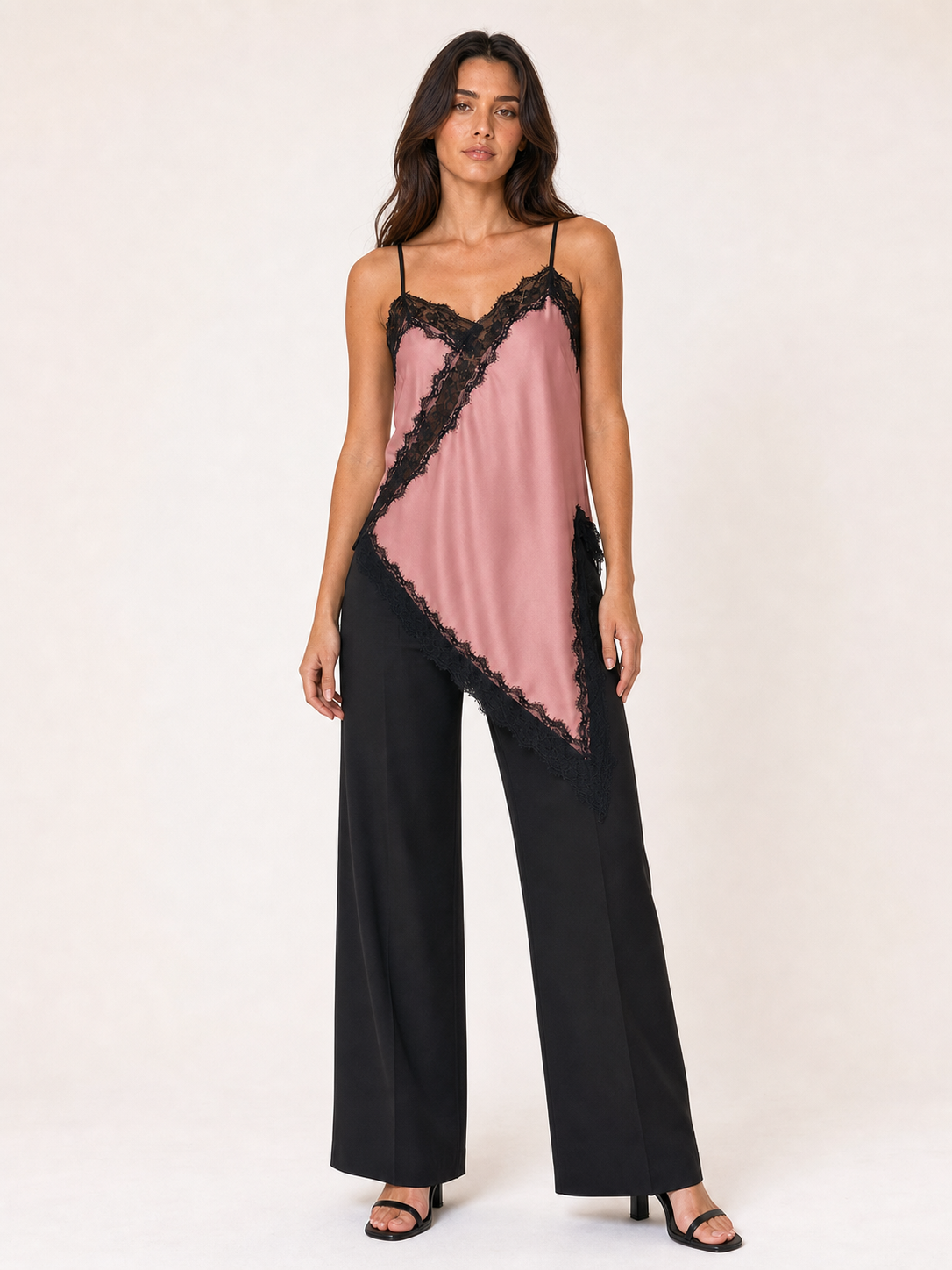 Women's dusty rose camisole with black contrast lace