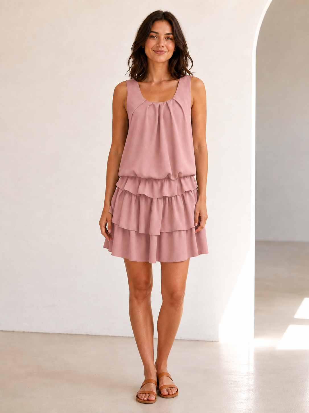 Women's dusty rose pleated blouson tiered flounce mini dress