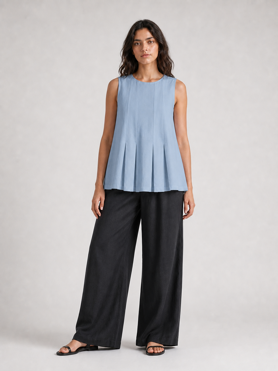 Women's dusty blue pleated sleeveless A-line top