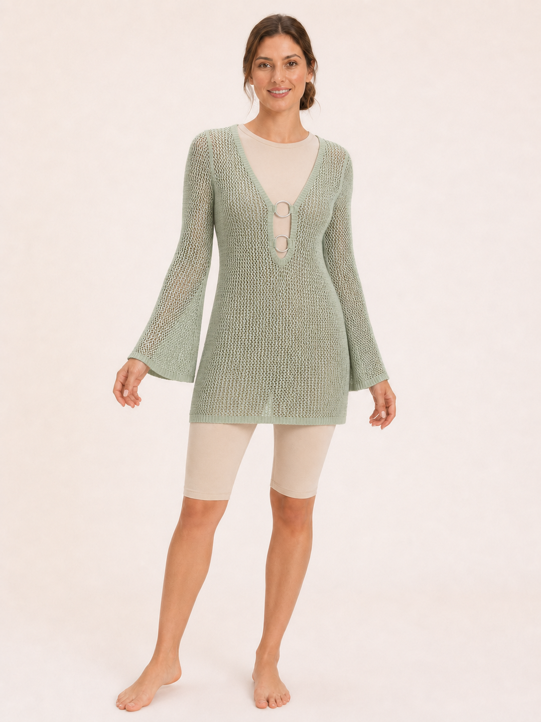 Women's sage green double-ring open-knit cover-up