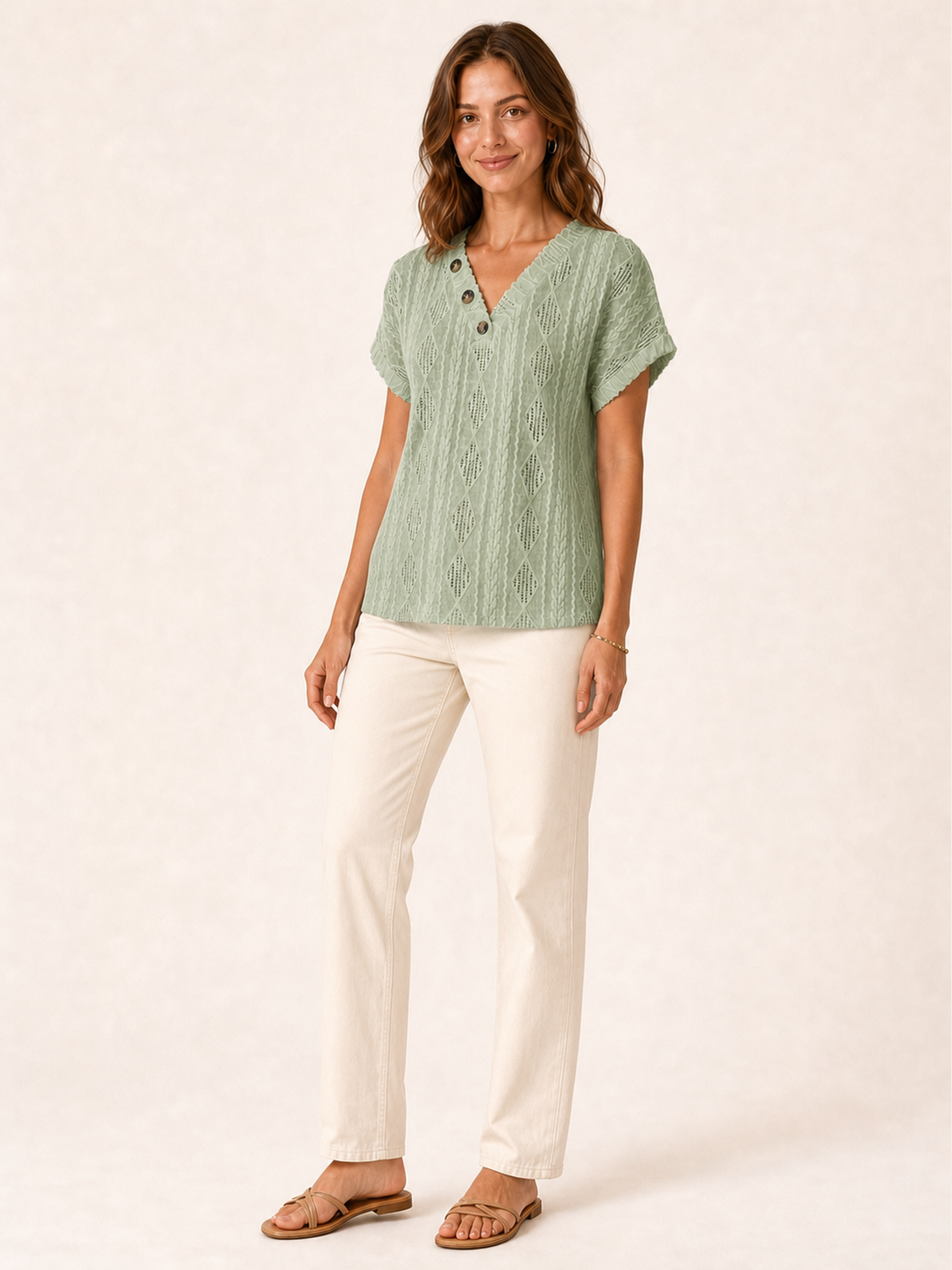 Women's openwork three-button top in sage green