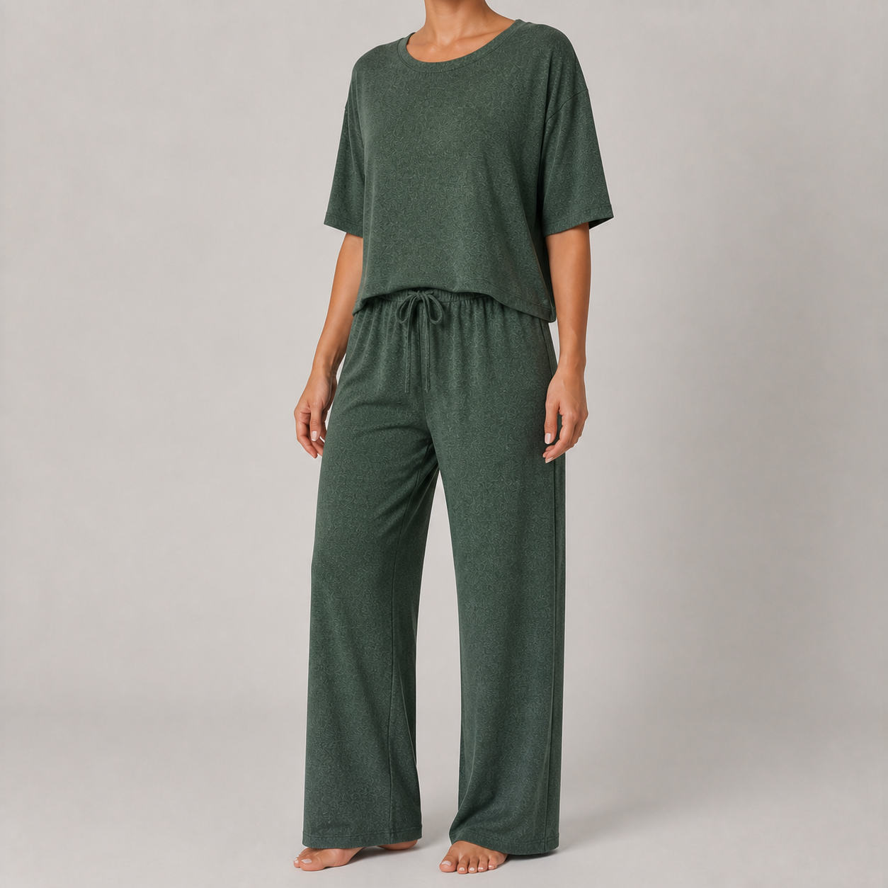 Forest green women's relaxed top and wide-leg pants lounge set