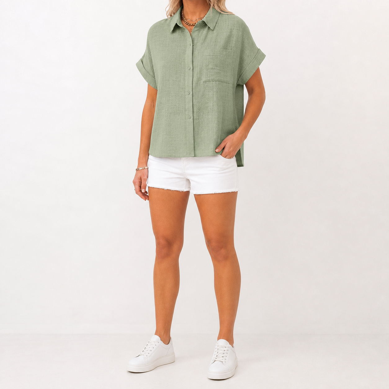 Sage green women's textured short-sleeve button shirt