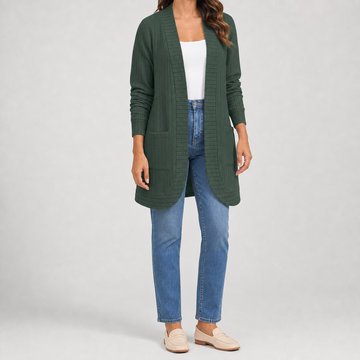 Forest green women's ribbed open-front long cardigan
