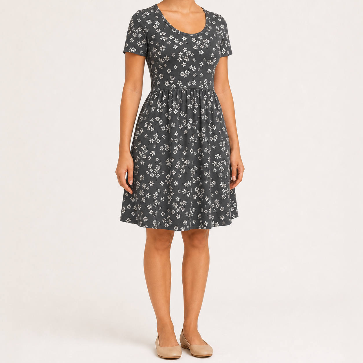Charcoal gray floral scoop neck pocket dress