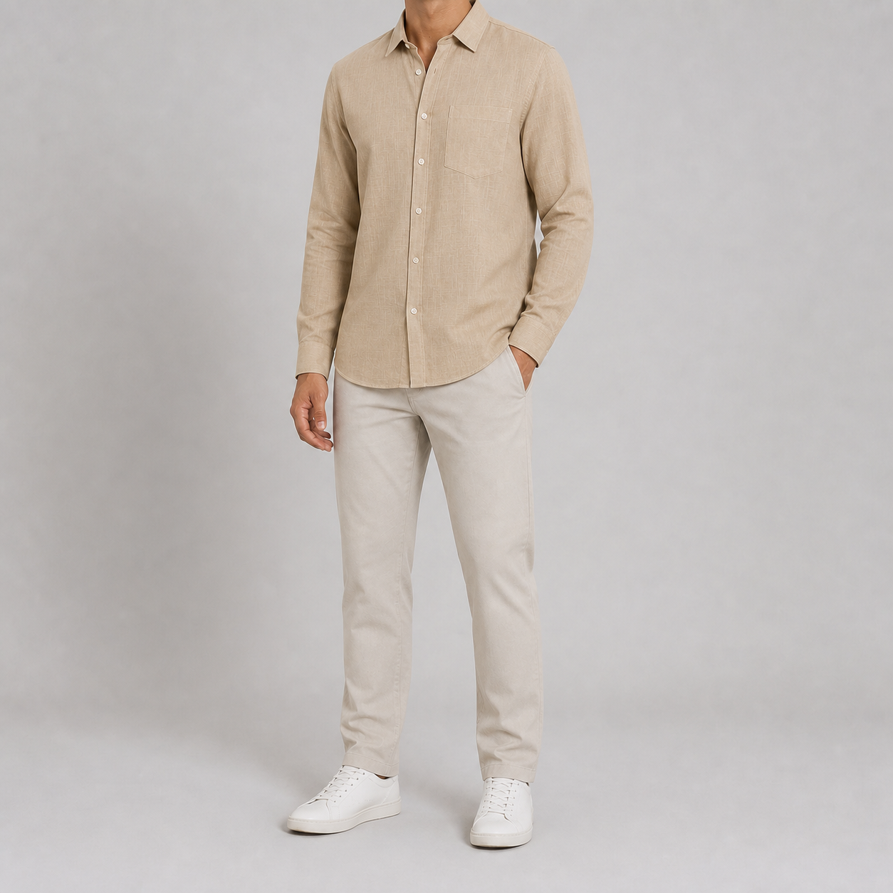 Sand beige men's textured long-sleeve shirt