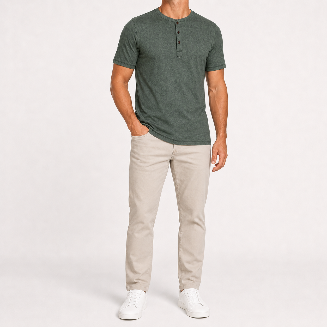 Men's forest green heathered short-sleeve Henley