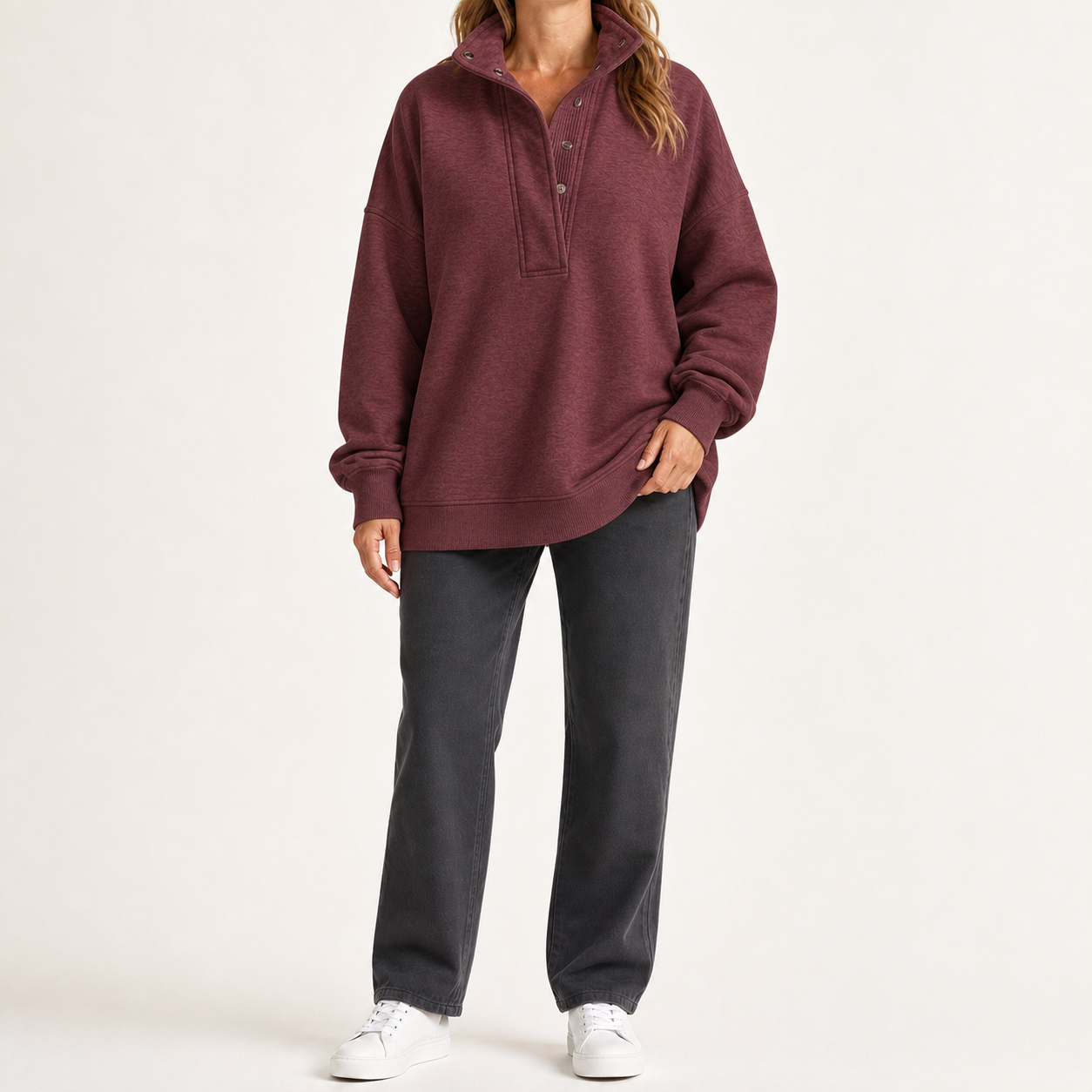 Women's burgundy snap-collar relaxed pullover