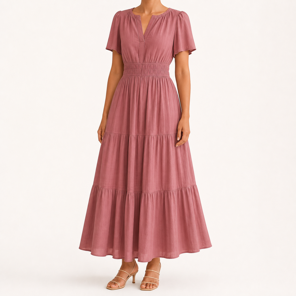 Women's dusty rose smocked-waist tiered maxi dress