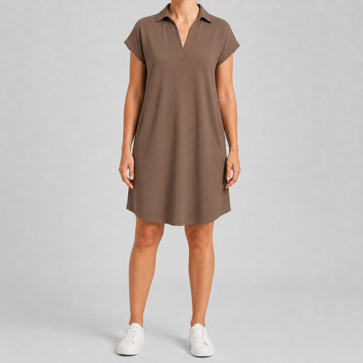 Mocha brown women's collared short-sleeve pocket dress