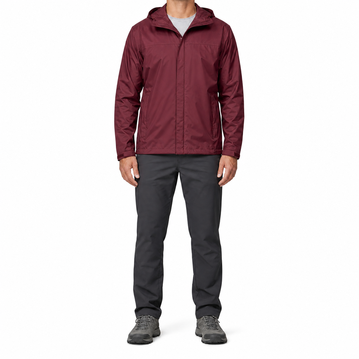 Burgundy men's lightweight hooded shell jacket