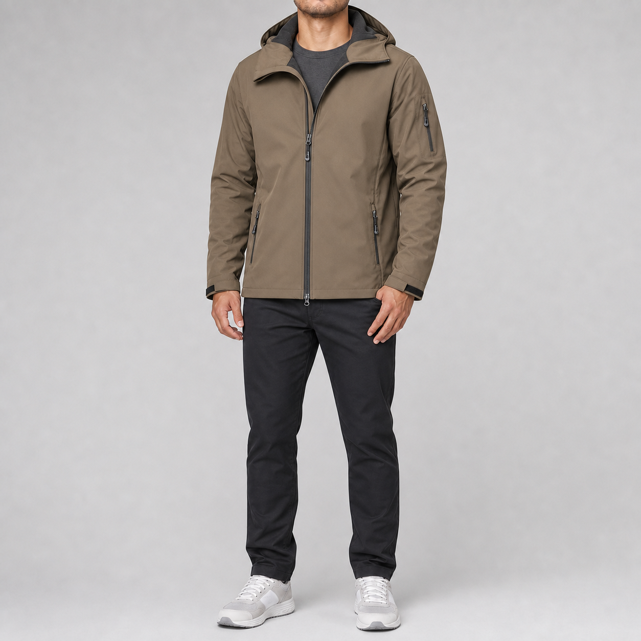 Khaki men's hooded full-zip softshell jacket