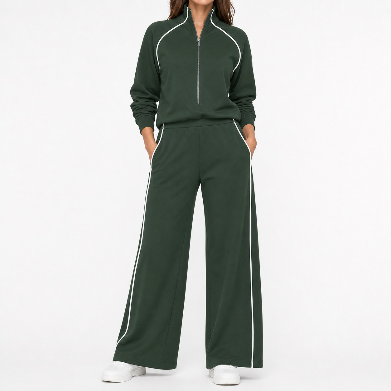Forest green women's piped quarter-zip wide-leg set