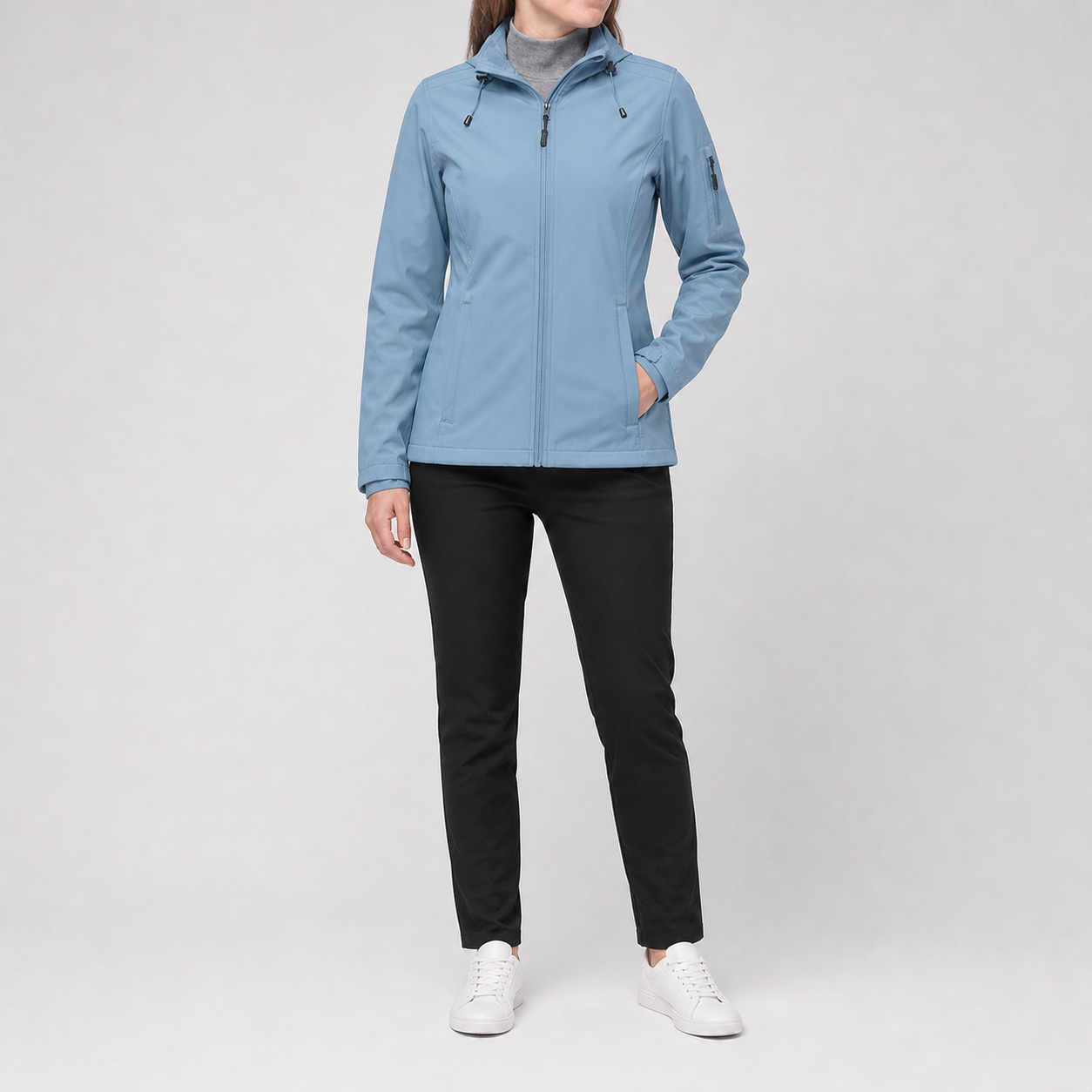 Light blue women's lightweight hooded full-zip rain jacket
