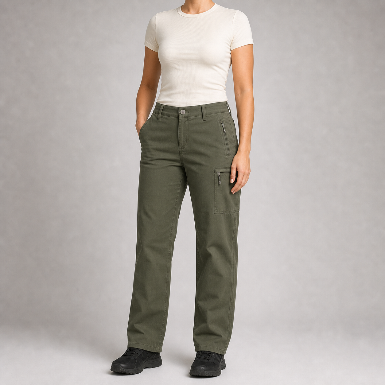 Olive green women's zip-pocket cargo pants