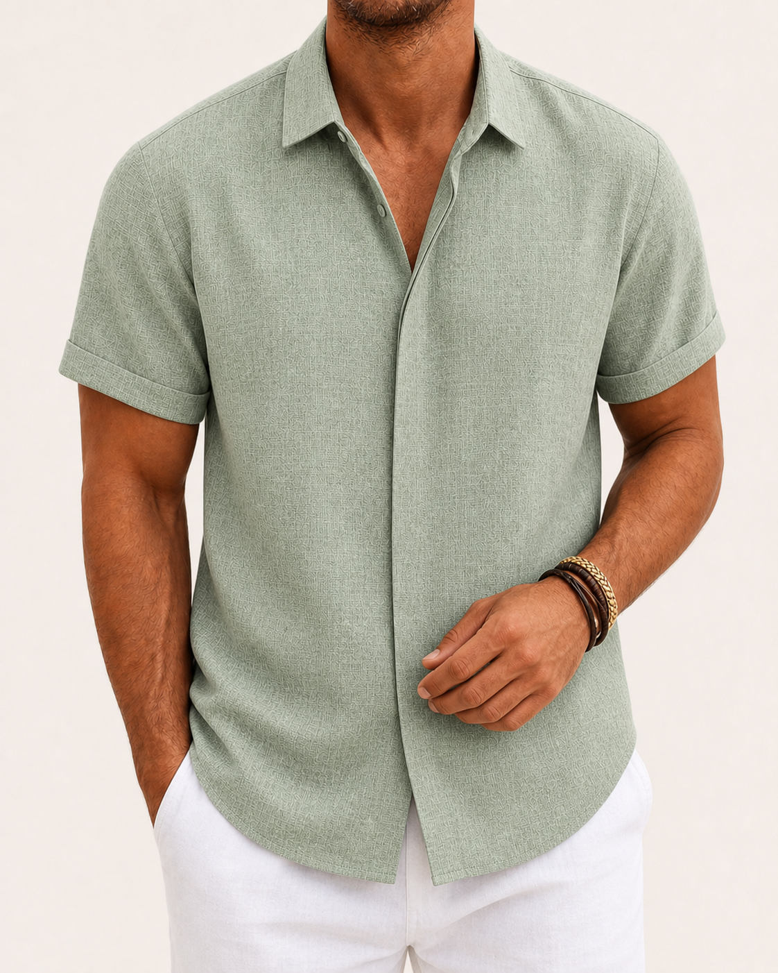 Sage green men's textured short-sleeve shirt