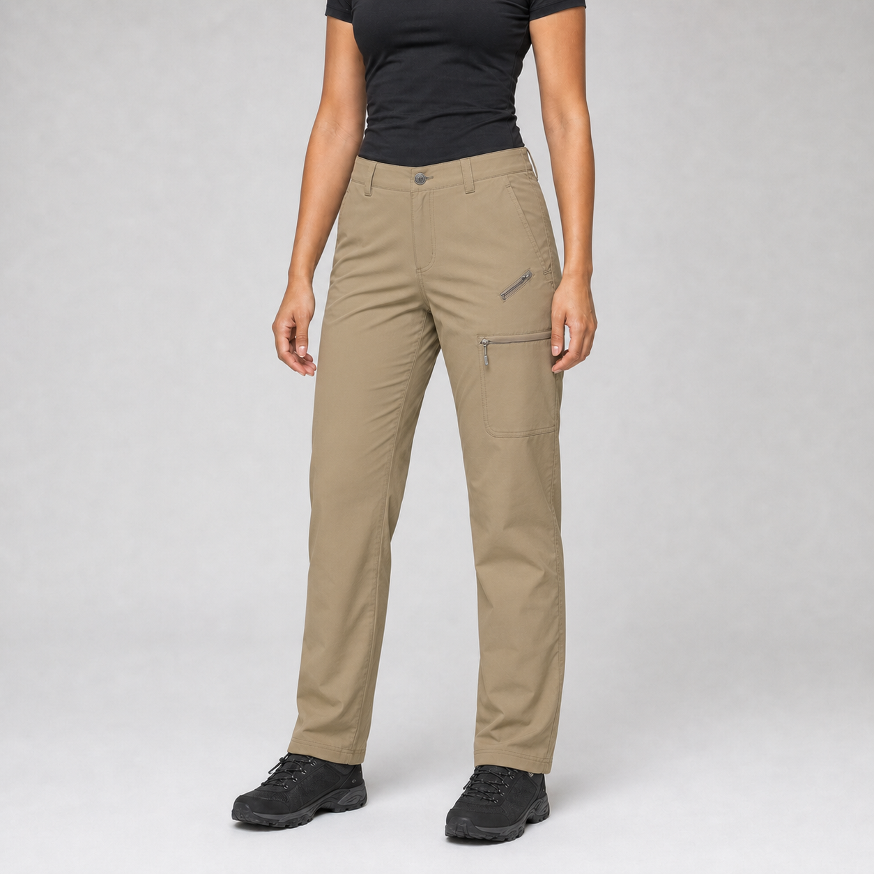 Khaki women's straight-leg cargo hiking pants