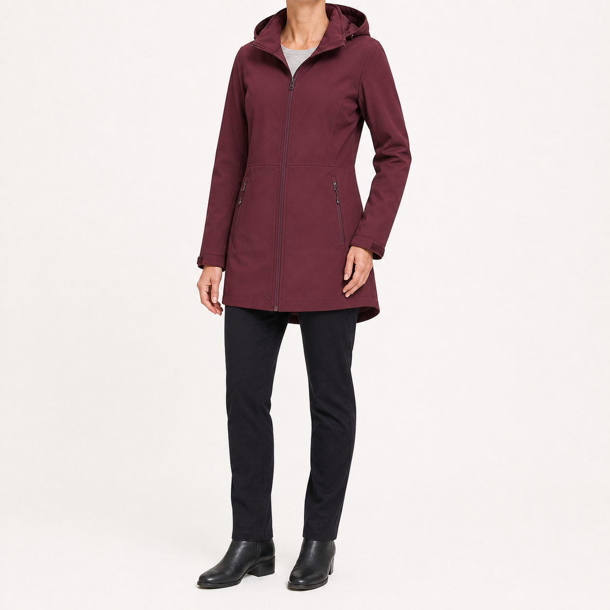 Burgundy women's hooded mid-length zip jacket