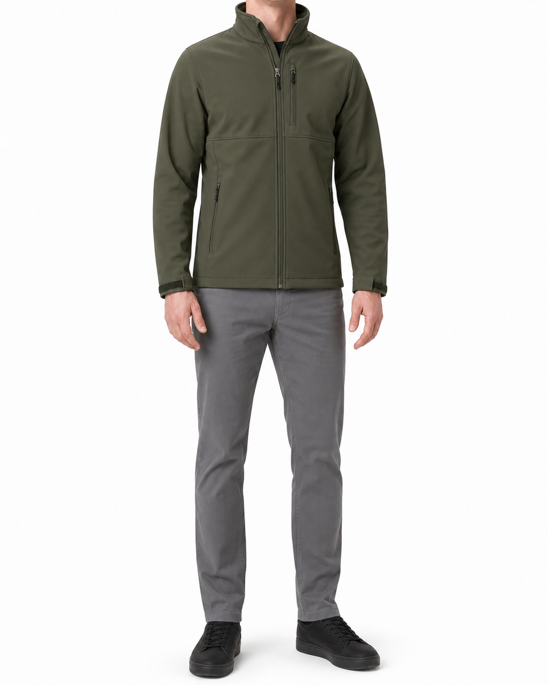 Olive green men's stand-collar zip jacket