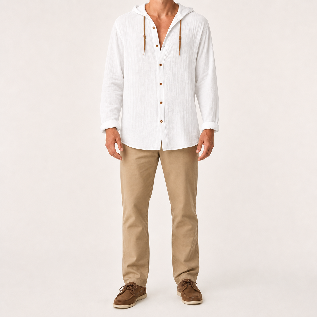 Men's hooded button shirt in soft white