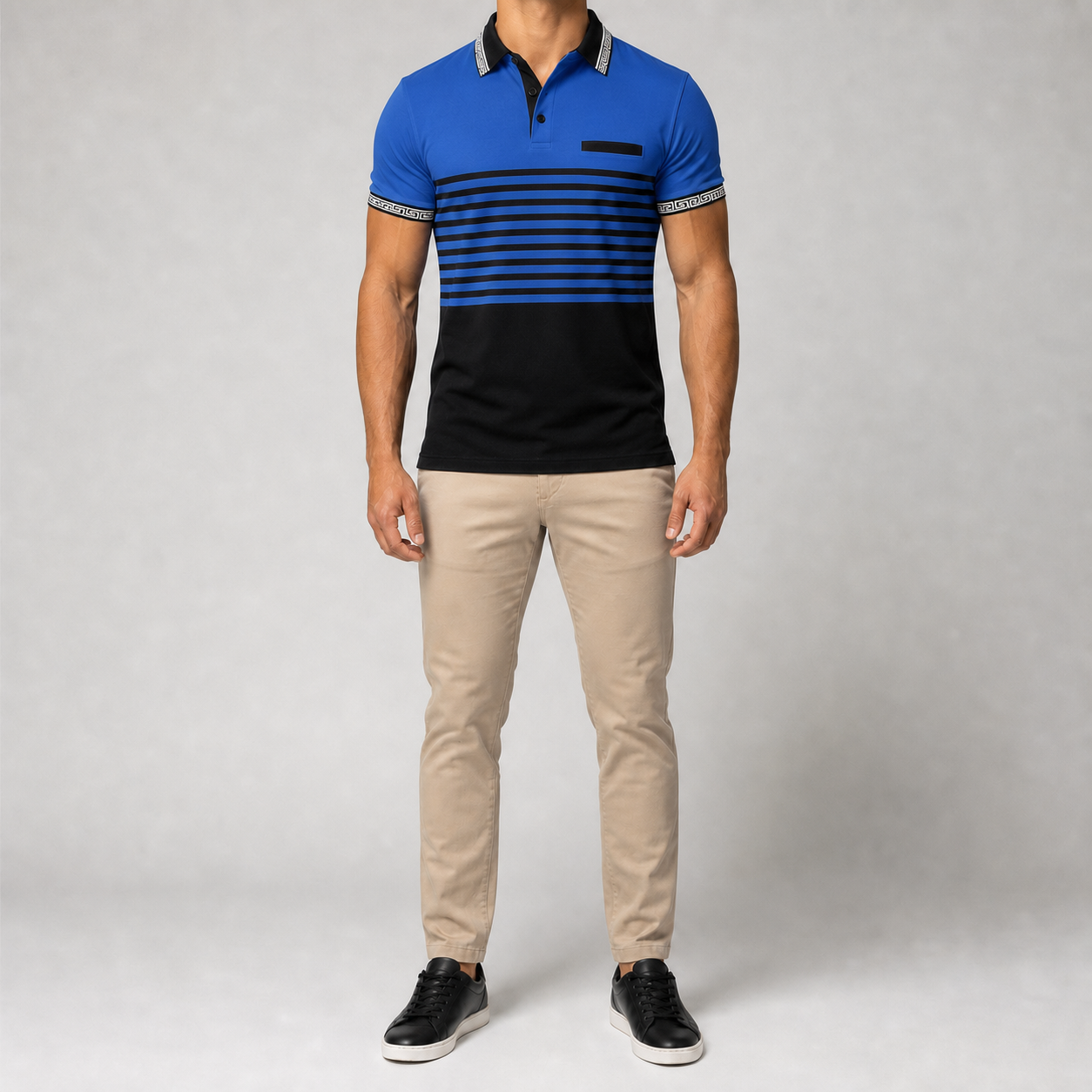 Men's royal blue and black striped polo