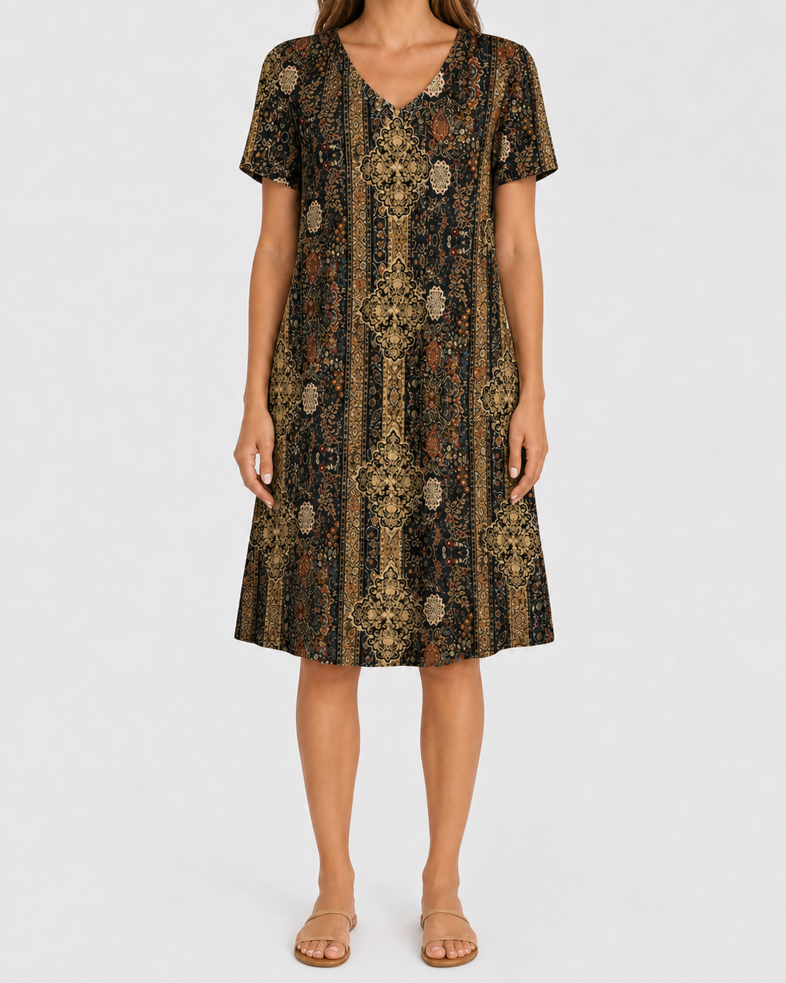 Black gold ornamental print pocket dress