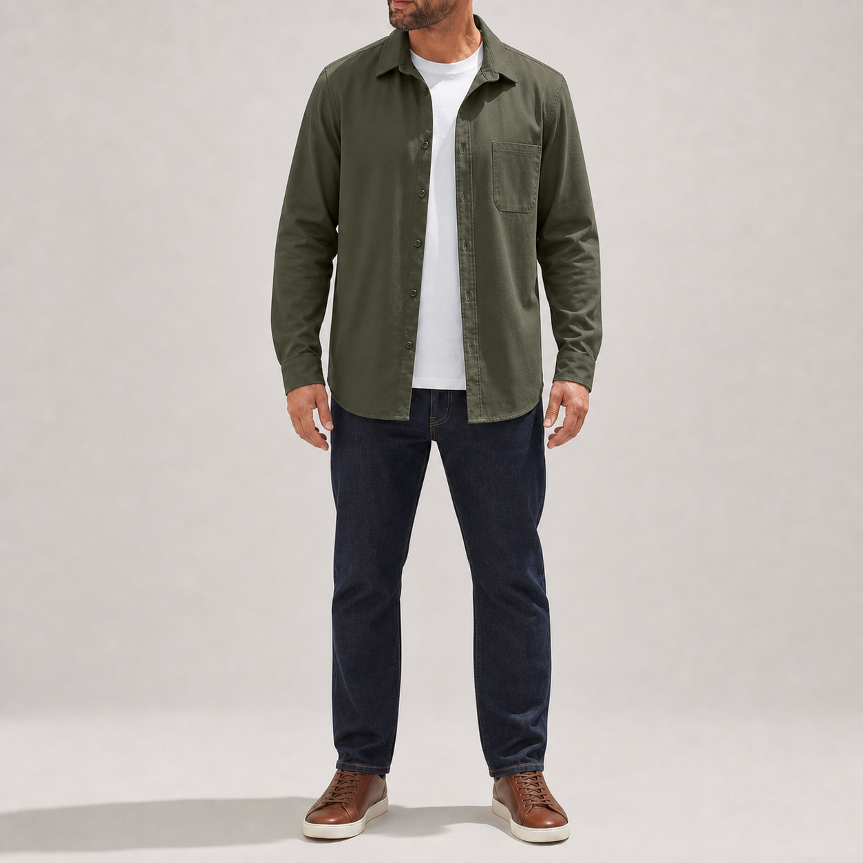 Olive green men's single-pocket long-sleeve overshirt