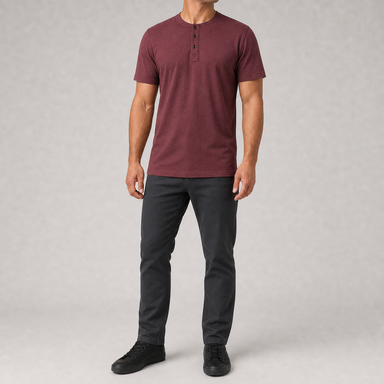 Men's burgundy textured short sleeve Henley