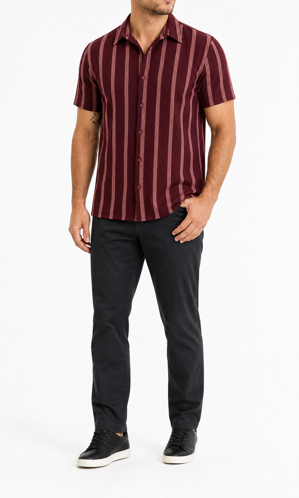 Burgundy striped men's short-sleeve shirt