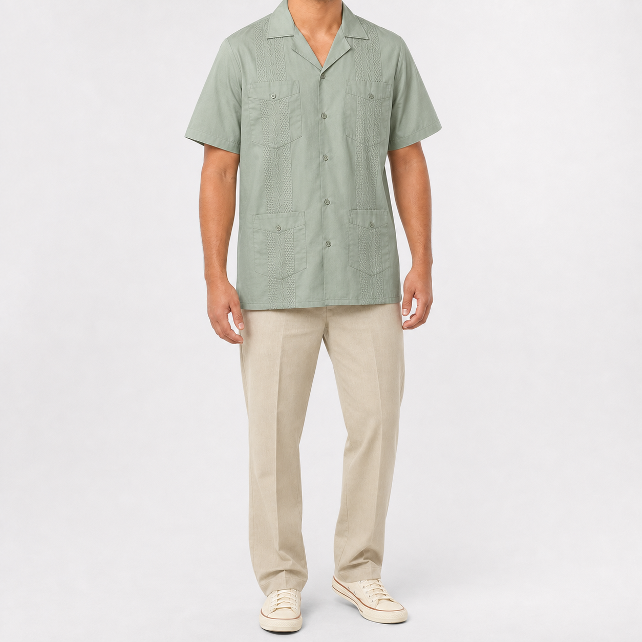 Sage green men's four-pocket short-sleeve guayabera shirt