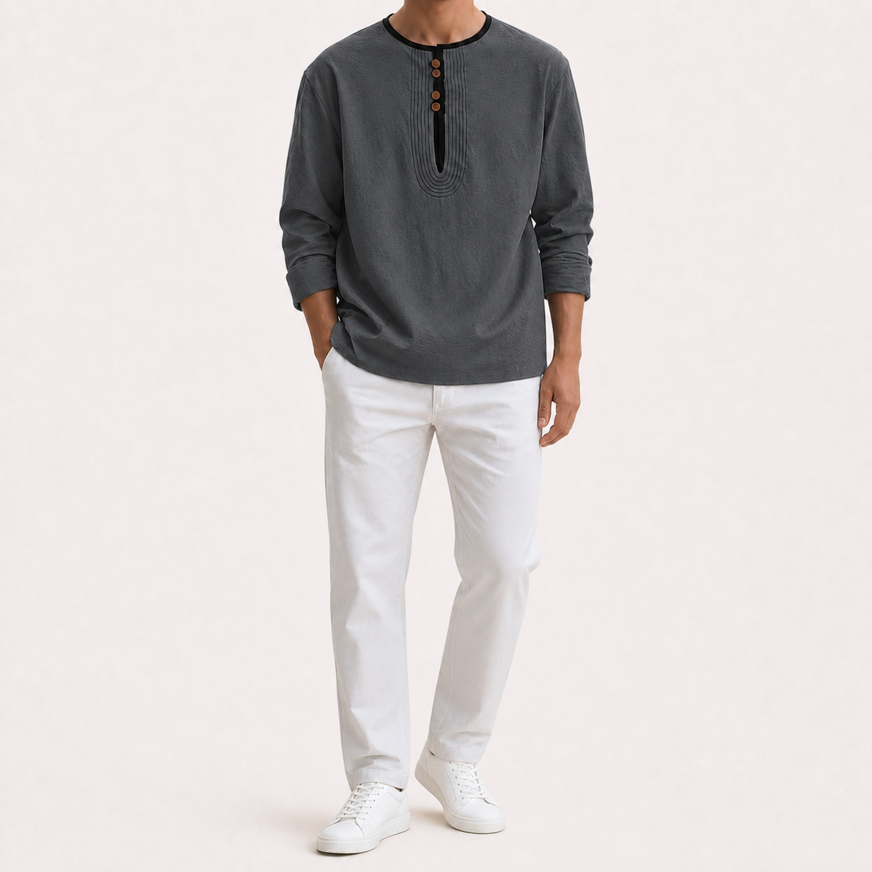 Men's charcoal gray contrast trim long sleeve Henley