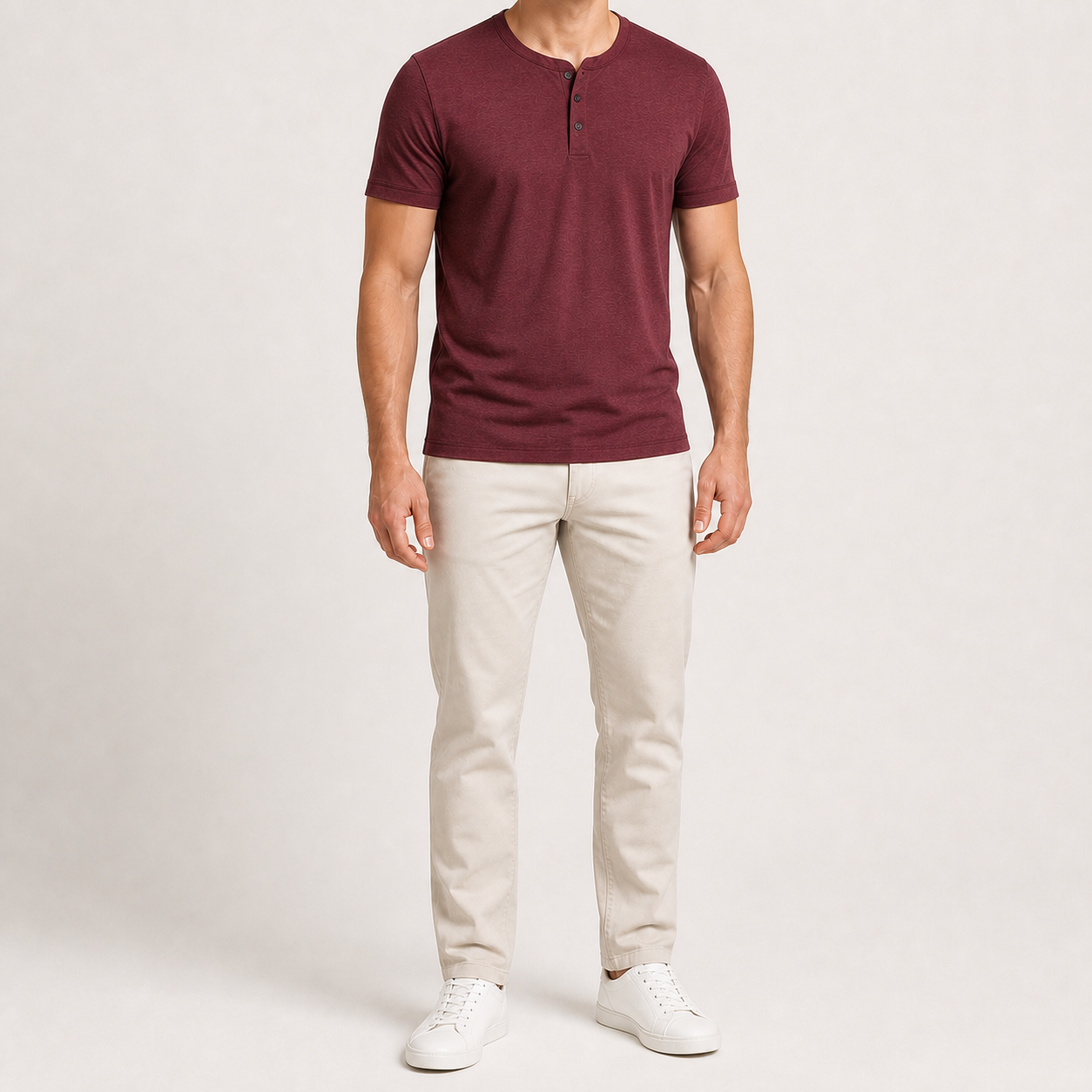 Men's burgundy short-sleeve three-button Henley shirt